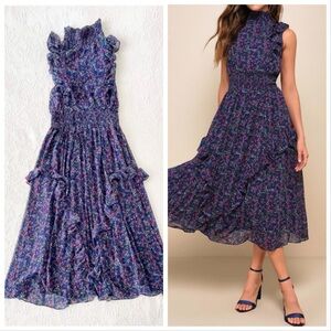 Lulu's Floral Midi Dress in Blue and Purple